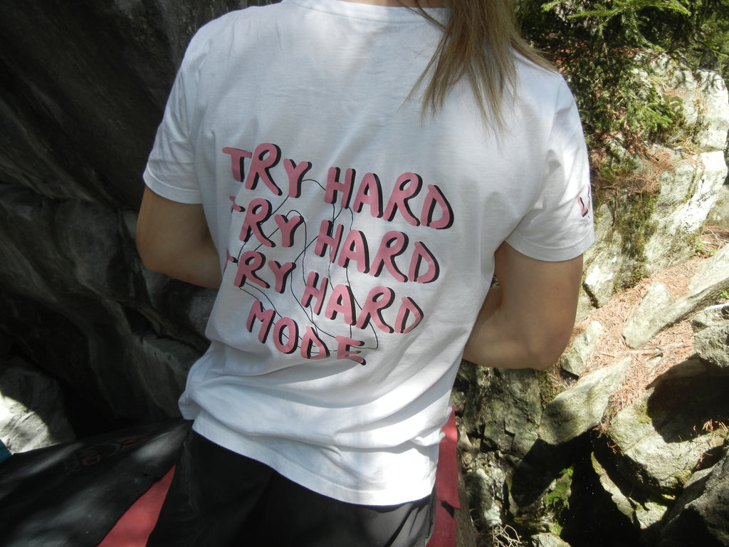 PRÉCOMMANDE - T-shirt de Grimpe Unisexe "TRY HARD MODE" - Made in France - Blanc